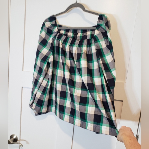 Ann Taylor Plaid Ruched Square Neck Top Size Large Black Green White Bra… - Picture 9 of 16